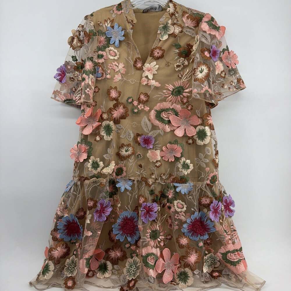 3D Floral Embroidered Mesh Short Dress Sheer Flutter Sleeve Elegant Party